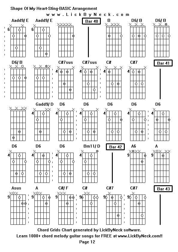 Chord Grids Chart of chord melody fingerstyle guitar song-Shape Of My Heart-Sting-BASIC Arrangement,generated by LickByNeck software.